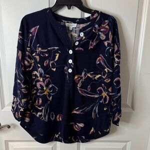 Westbound Navy Floral Blouse with Button Detail